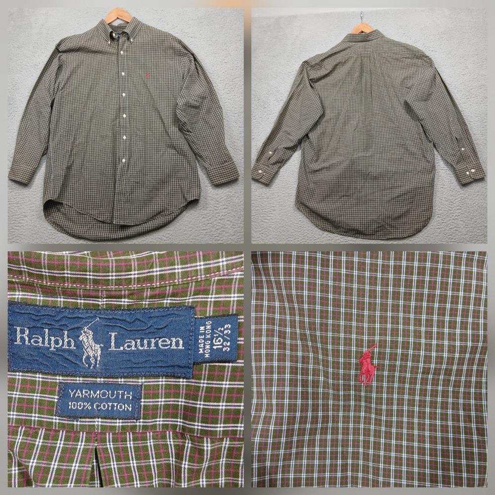 Ralph Lauren Yarmouth Shirt Mens 16.5 32/33 Brown Plaid Cotton Button Down